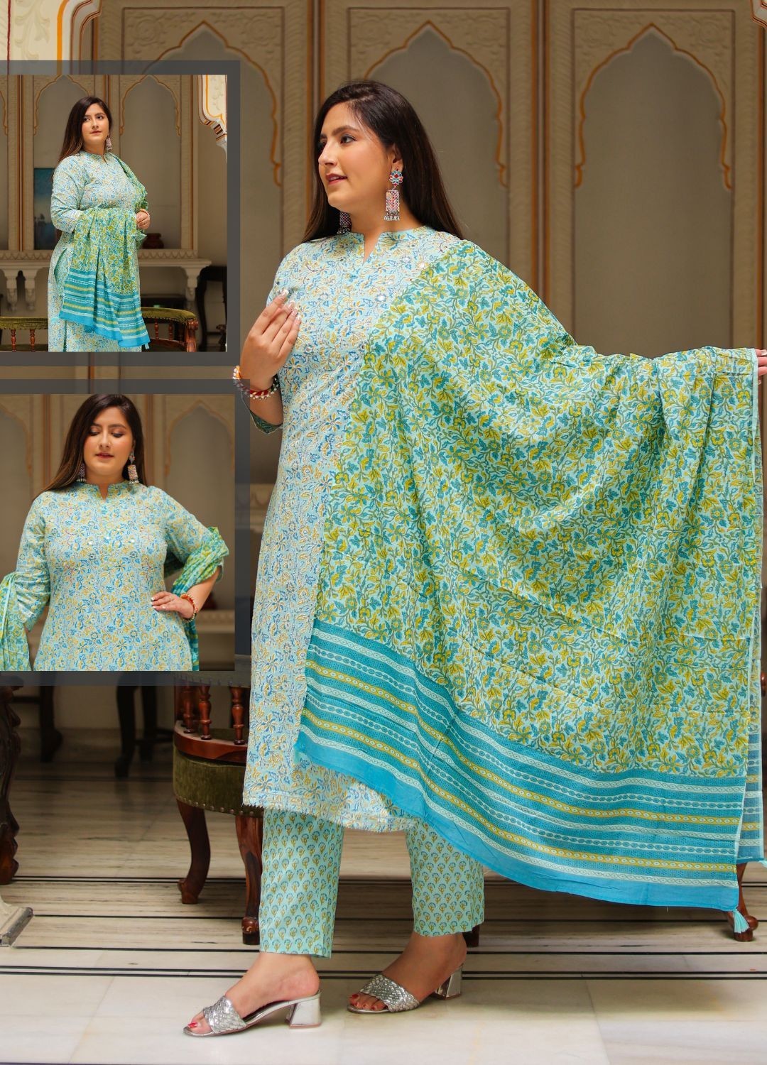 Women's Embroidered Floral Printed Straight Kurta with Pant and Dupatta 